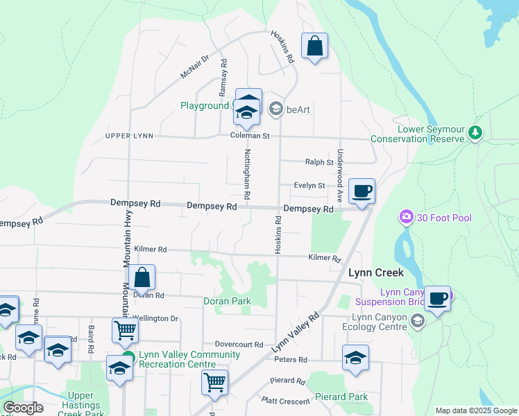 map of restaurants, bars, coffee shops, grocery stores, and more near 1570 Dempsey Road in North Vancouver