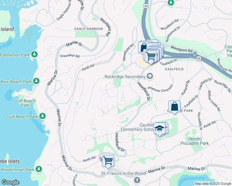 map of restaurants, bars, coffee shops, grocery stores, and more near 5496 Monte Bre Crescent in West Vancouver