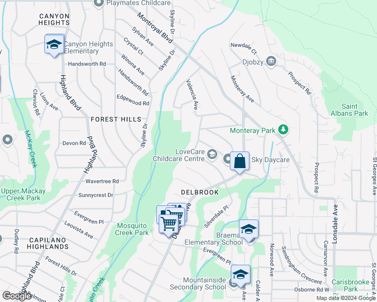 map of restaurants, bars, coffee shops, grocery stores, and more near 4169 Valencia Avenue in North Vancouver