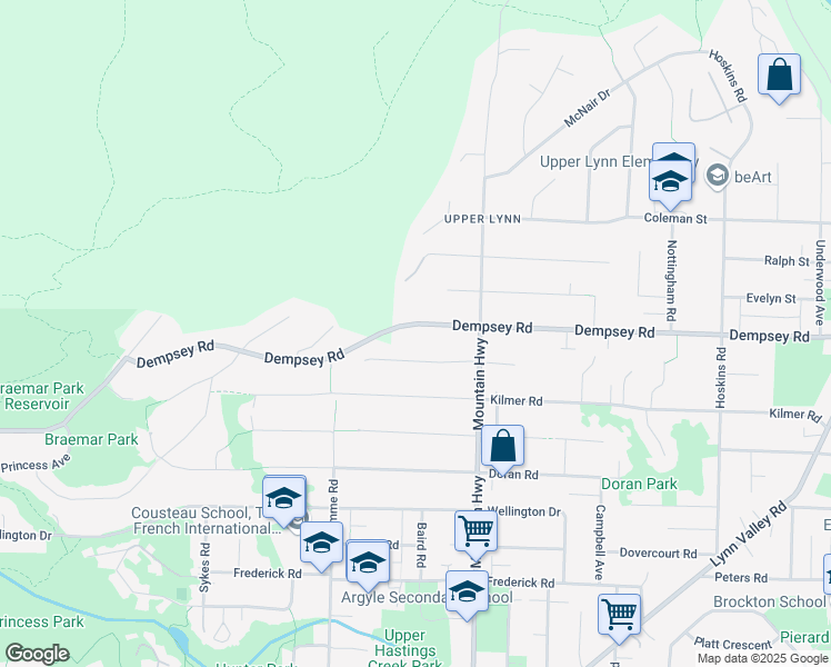 map of restaurants, bars, coffee shops, grocery stores, and more near 1205 Dempsey Road in North Vancouver