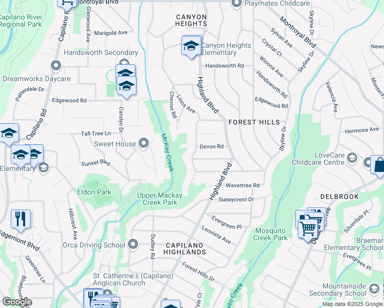 map of restaurants, bars, coffee shops, grocery stores, and more near 4169 Lions Avenue in North Vancouver