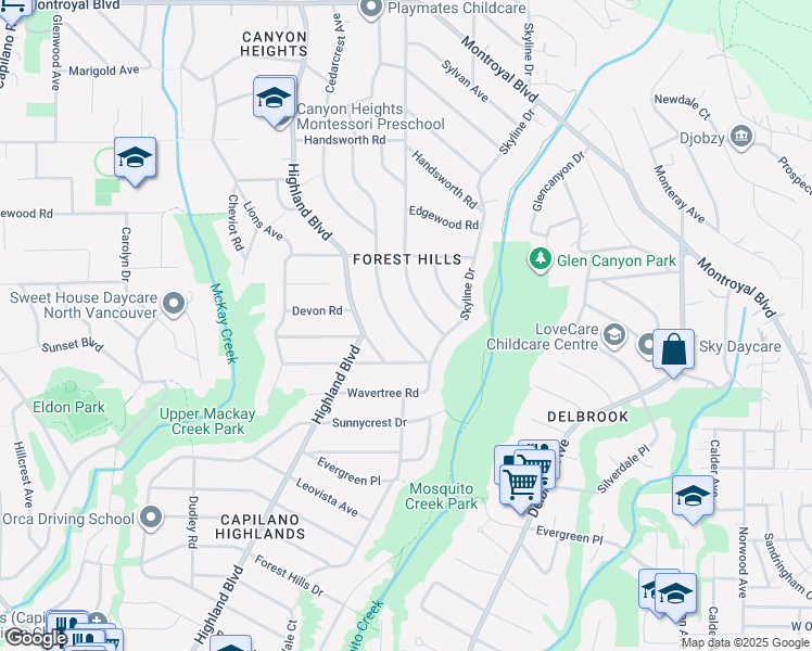 map of restaurants, bars, coffee shops, grocery stores, and more near 4150 Canterbury Crescent in North Vancouver