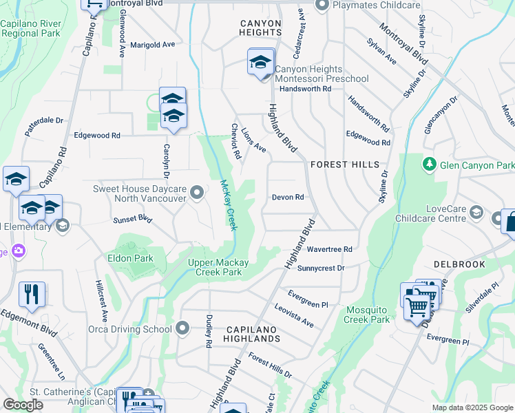 map of restaurants, bars, coffee shops, grocery stores, and more near 4169 Lions Avenue in North Vancouver