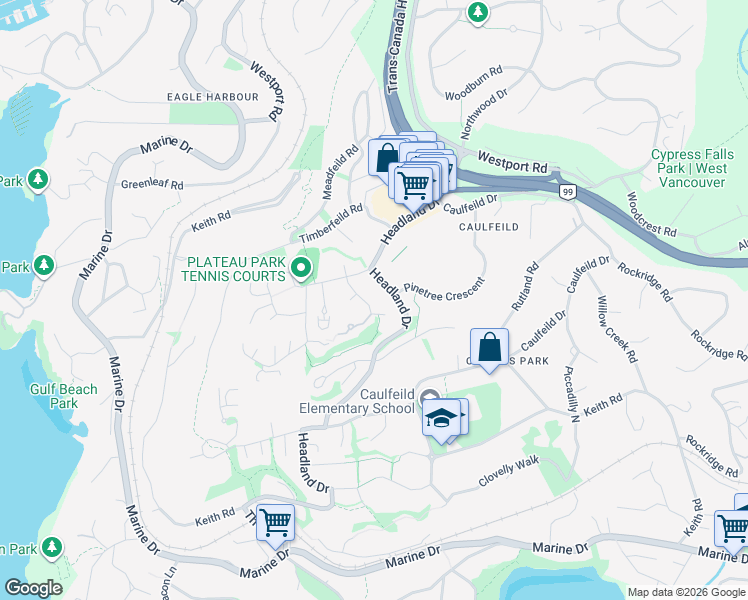 map of restaurants, bars, coffee shops, grocery stores, and more near 5162 Alderfeild Place in West Vancouver