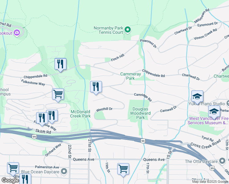 map of restaurants, bars, coffee shops, grocery stores, and more near 1484 Camridge Road in West Vancouver