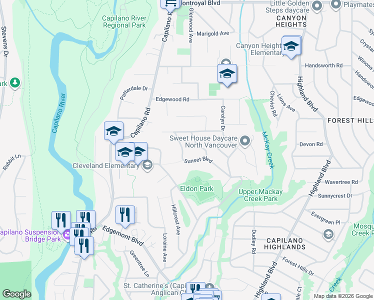 map of restaurants, bars, coffee shops, grocery stores, and more near 4198 Sunset Boulevard in North Vancouver