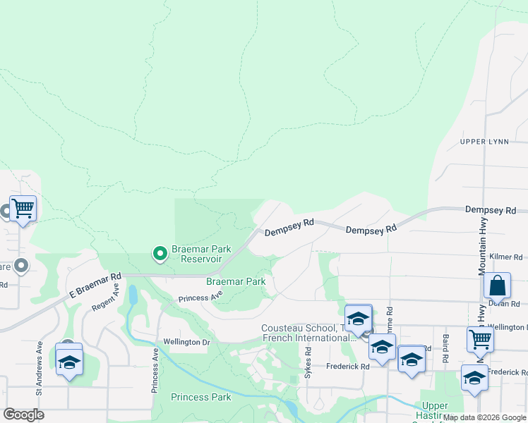 map of restaurants, bars, coffee shops, grocery stores, and more near 4115 East Braemar Road in North Vancouver