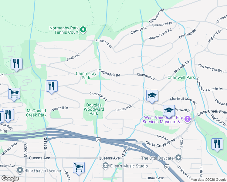 map of restaurants, bars, coffee shops, grocery stores, and more near Cammeray Road in West Vancouver