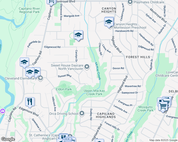 map of restaurants, bars, coffee shops, grocery stores, and more near 4123 Virginia Crescent in North Vancouver