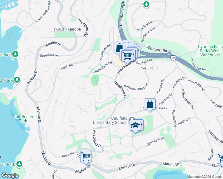 map of restaurants, bars, coffee shops, grocery stores, and more near Alderfeild Place in West Vancouver
