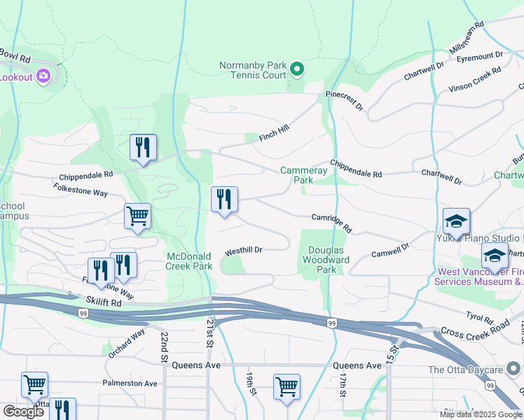 map of restaurants, bars, coffee shops, grocery stores, and more near 1484 Camridge Road in West Vancouver