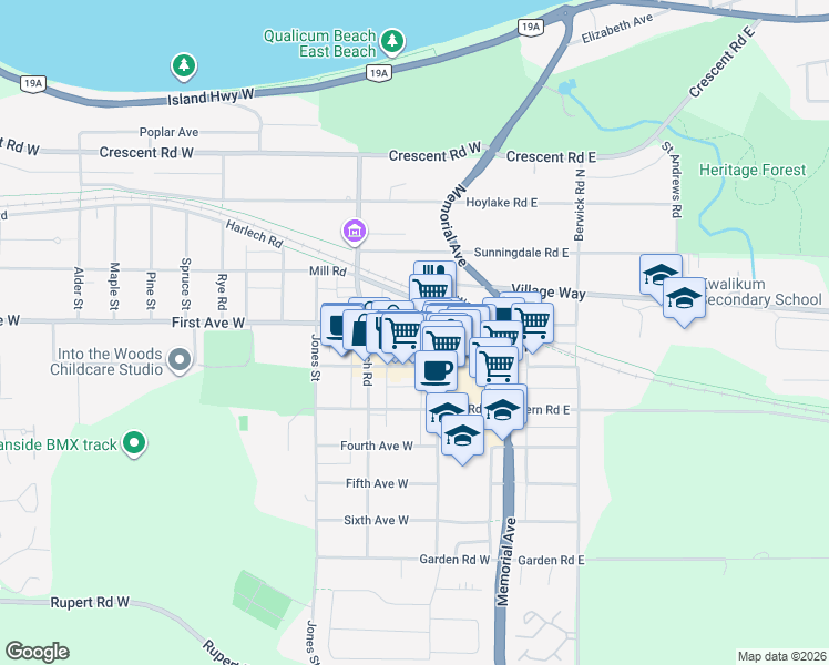 map of restaurants, bars, coffee shops, grocery stores, and more near 166 First Avenue West in Qualicum Beach