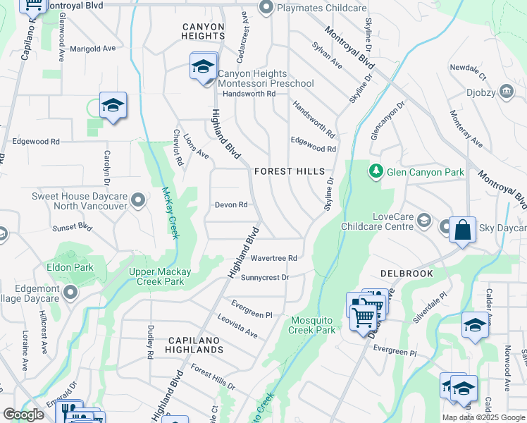 map of restaurants, bars, coffee shops, grocery stores, and more near 4168 Highland Boulevard in North Vancouver