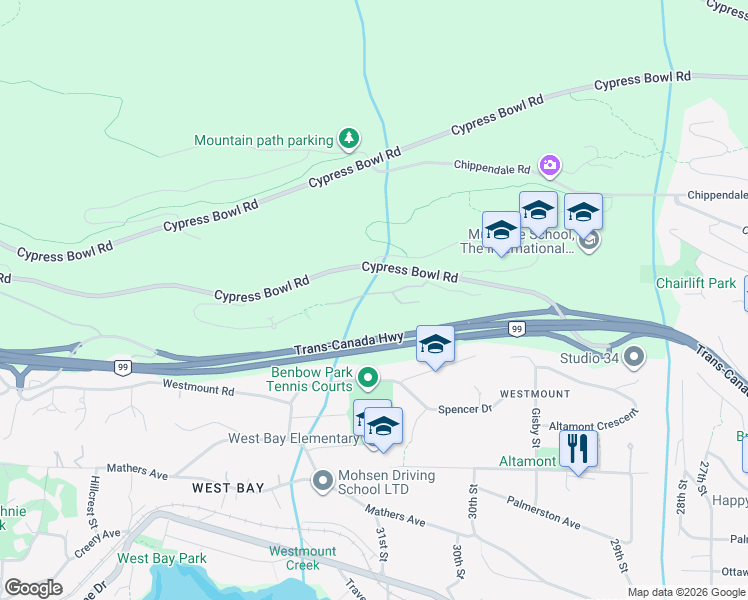 map of restaurants, bars, coffee shops, grocery stores, and more near 3112 Deer Ridge Drive in West Vancouver