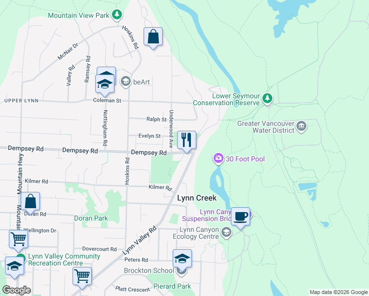 map of restaurants, bars, coffee shops, grocery stores, and more near 1750 Dempsey Road in North Vancouver