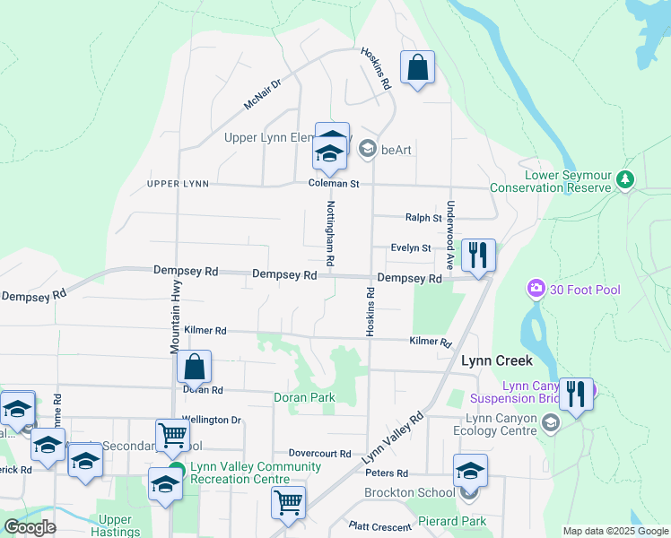 map of restaurants, bars, coffee shops, grocery stores, and more near 1554 Dempsey Road in North Vancouver