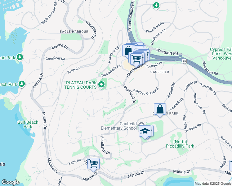 map of restaurants, bars, coffee shops, grocery stores, and more near 5185 Alderfeild Place in West Vancouver
