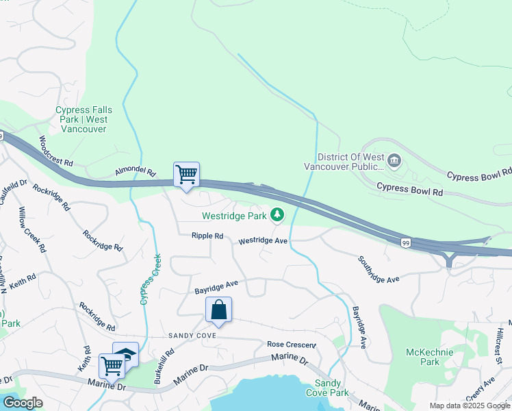 map of restaurants, bars, coffee shops, grocery stores, and more near 4044 Almondel Road in West Vancouver