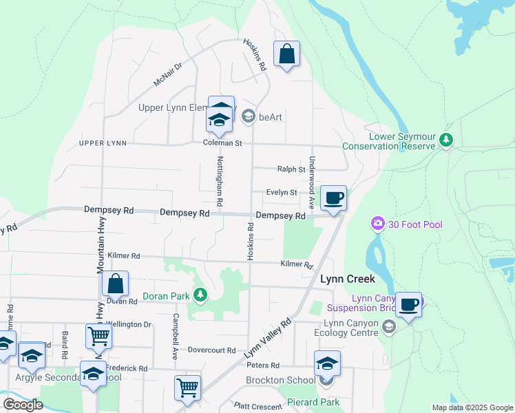 map of restaurants, bars, coffee shops, grocery stores, and more near 4238 Hoskins Road in North Vancouver