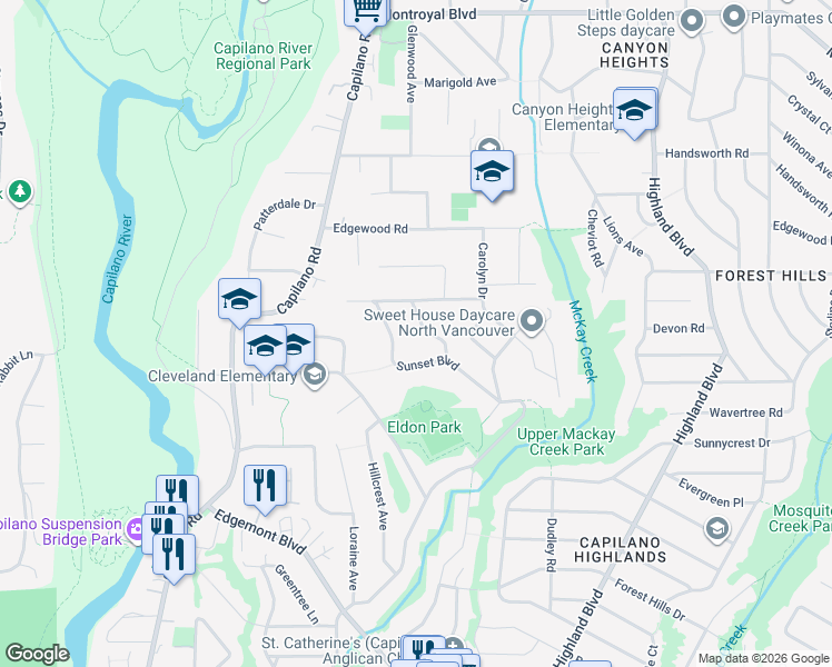 map of restaurants, bars, coffee shops, grocery stores, and more near 4209 Pelly Road in North Vancouver