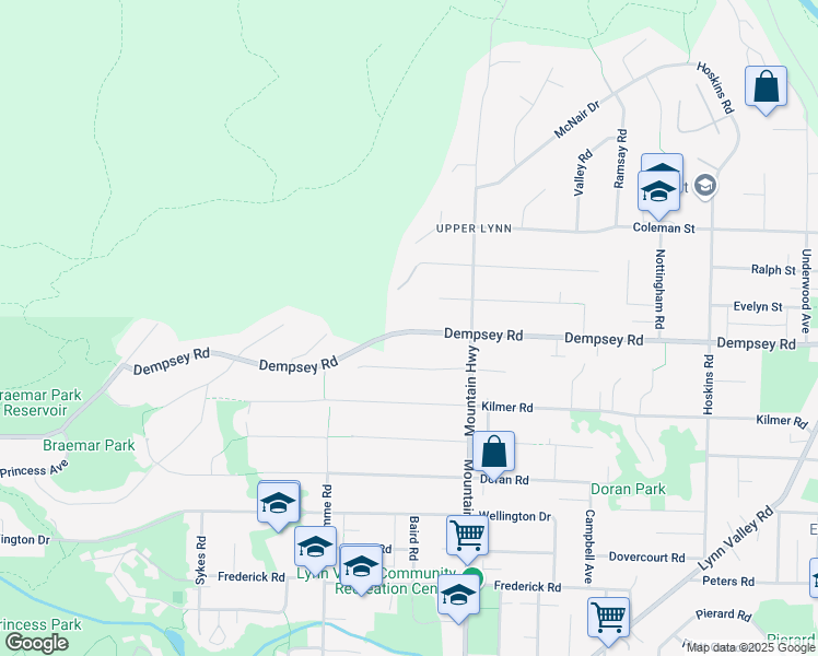 map of restaurants, bars, coffee shops, grocery stores, and more near 1210 Dempsey Road in North Vancouver