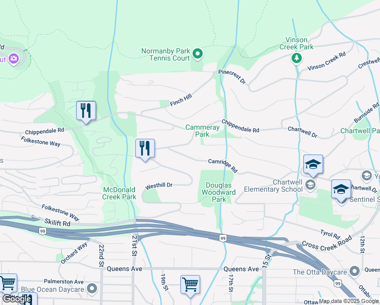 map of restaurants, bars, coffee shops, grocery stores, and more near 1439 Camridge Road in West Vancouver