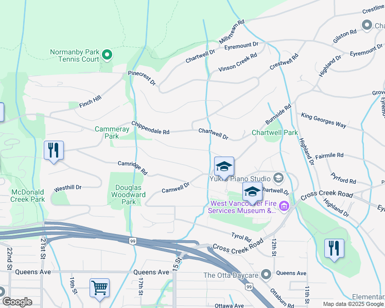 map of restaurants, bars, coffee shops, grocery stores, and more near 1346 Whitby Road in West Vancouver