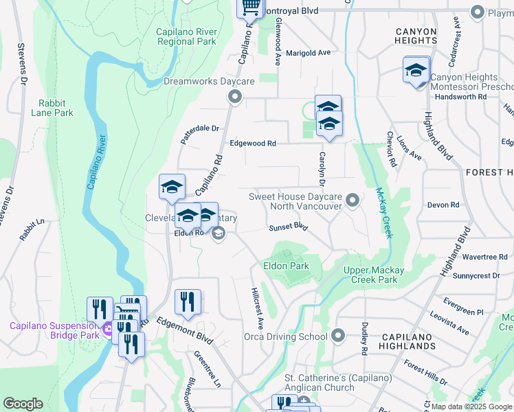 map of restaurants, bars, coffee shops, grocery stores, and more near 4229 Sunset Boulevard in North Vancouver