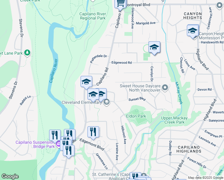 map of restaurants, bars, coffee shops, grocery stores, and more near 1202 Bracknell Crescent in North Vancouver