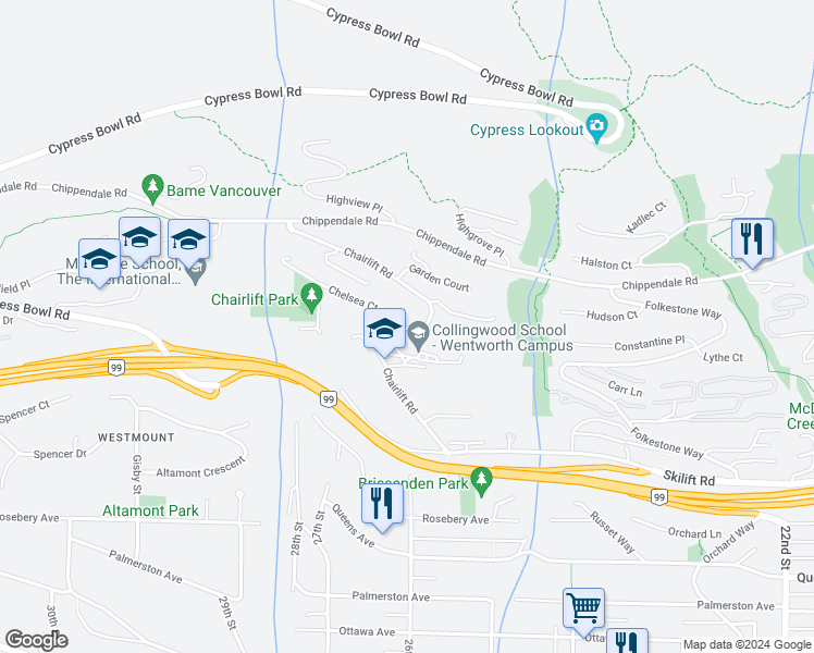 map of restaurants, bars, coffee shops, grocery stores, and more near 2415 Chairlift Road in West Vancouver