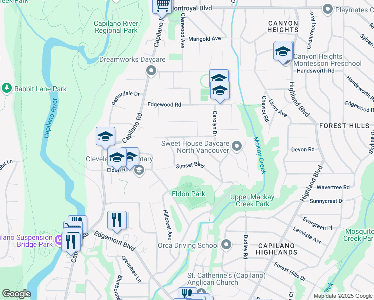 map of restaurants, bars, coffee shops, grocery stores, and more near 4209 Pelly Road in North Vancouver