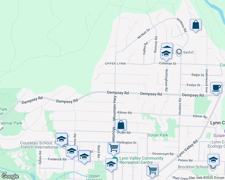 map of restaurants, bars, coffee shops, grocery stores, and more near in North Vancouver