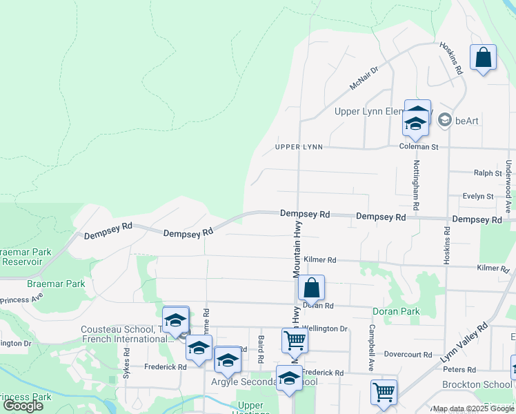 map of restaurants, bars, coffee shops, grocery stores, and more near 1210 Dempsey Road in North Vancouver
