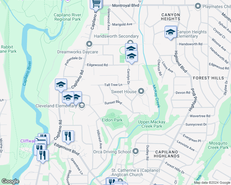 map of restaurants, bars, coffee shops, grocery stores, and more near 4204 Pelly Road in North Vancouver