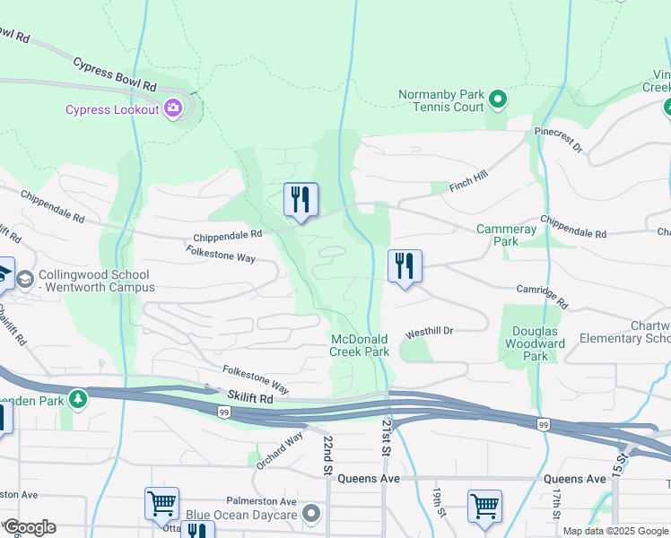 map of restaurants, bars, coffee shops, grocery stores, and more near 2585 Westhill Way in West Vancouver