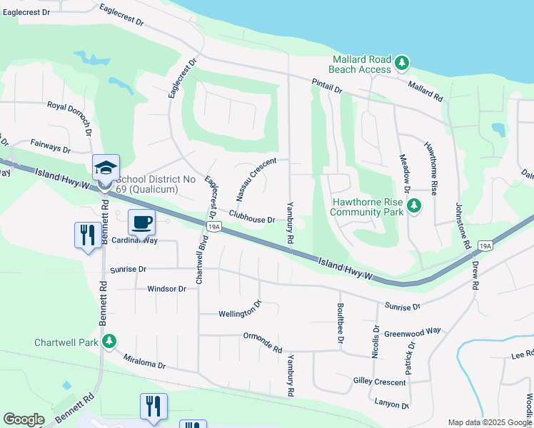 map of restaurants, bars, coffee shops, grocery stores, and more near 1191 Clubhouse Drive in Qualicum Beach