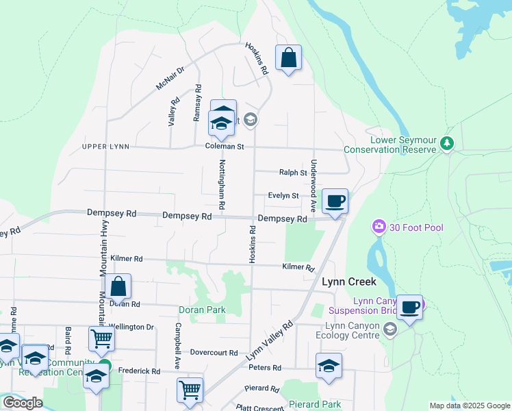 map of restaurants, bars, coffee shops, grocery stores, and more near 4238 Hoskins Road in North Vancouver