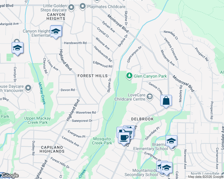map of restaurants, bars, coffee shops, grocery stores, and more near 4202 Skyline Drive in North Vancouver