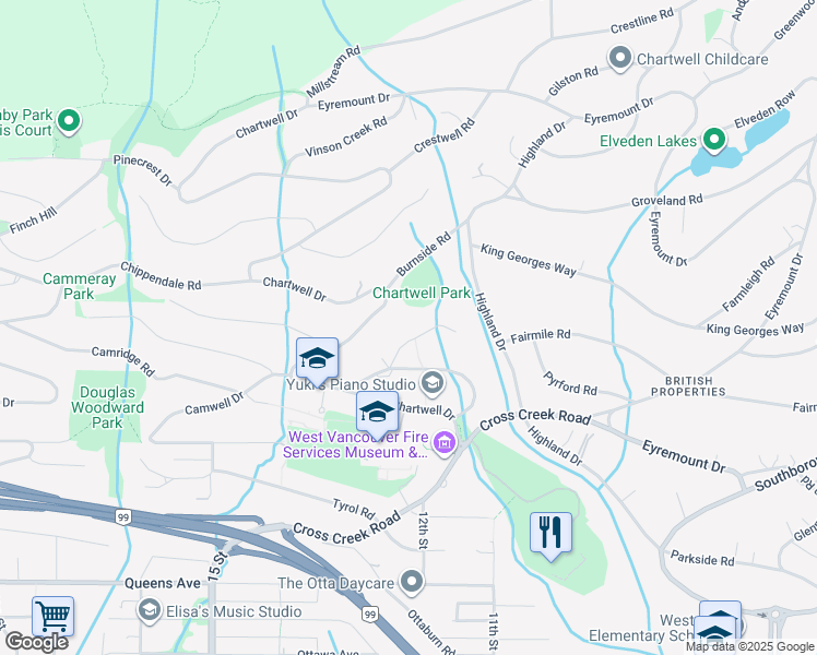 map of restaurants, bars, coffee shops, grocery stores, and more near 1257 Chartwell Place in West Vancouver