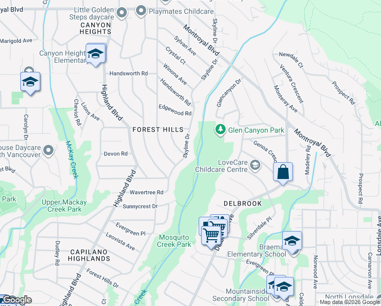 map of restaurants, bars, coffee shops, grocery stores, and more near 4202 Skyline Drive in North Vancouver