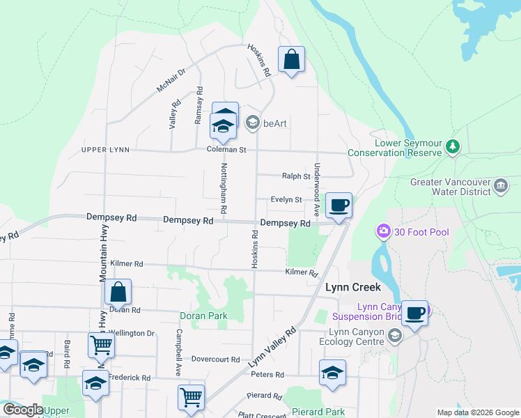 map of restaurants, bars, coffee shops, grocery stores, and more near 4268 Hoskins Road in North Vancouver