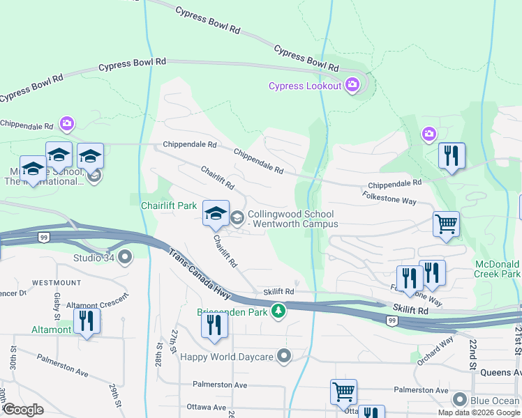 map of restaurants, bars, coffee shops, grocery stores, and more near 2546 Marr Creek Court in West Vancouver