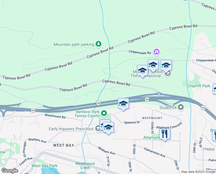 map of restaurants, bars, coffee shops, grocery stores, and more near 3105 Deer Ridge Drive in West Vancouver