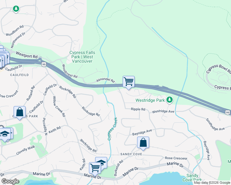 map of restaurants, bars, coffee shops, grocery stores, and more near 4250 Almondel Place in West Vancouver