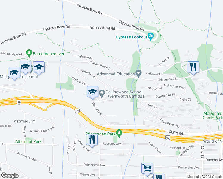 map of restaurants, bars, coffee shops, grocery stores, and more near 2546 Marr Creek Court in West Vancouver