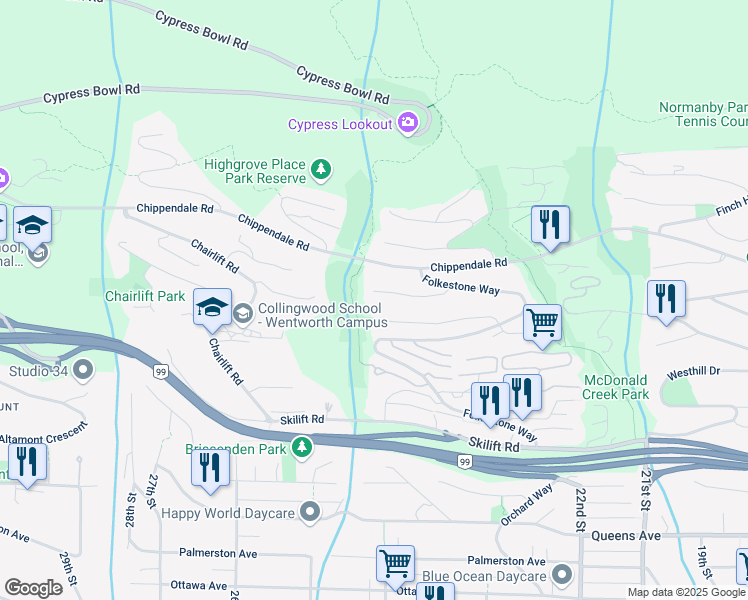 map of restaurants, bars, coffee shops, grocery stores, and more near 2496 Hudson Court in West Vancouver