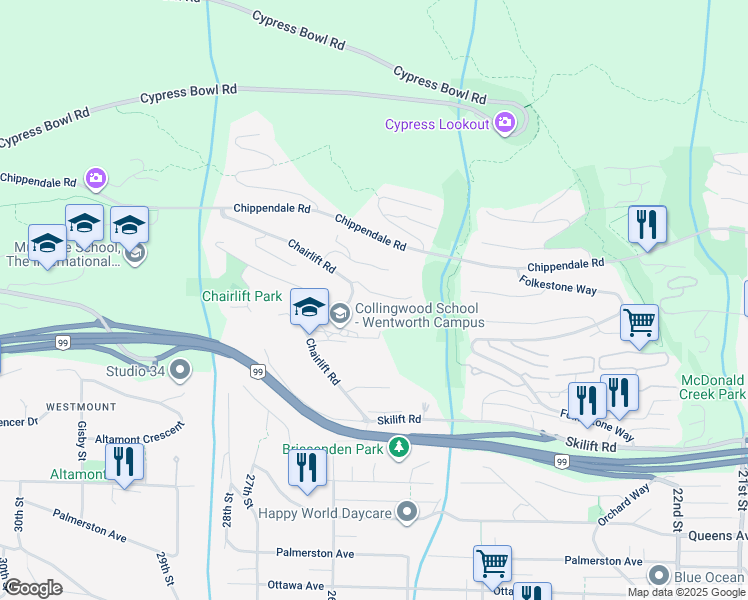 map of restaurants, bars, coffee shops, grocery stores, and more near 2546 Marr Creek Court in West Vancouver