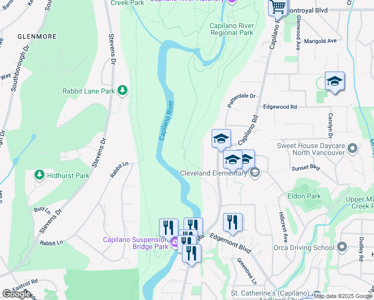 map of restaurants, bars, coffee shops, grocery stores, and more near 4650 Capilano Park Road in North Vancouver