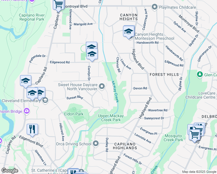 map of restaurants, bars, coffee shops, grocery stores, and more near 4136 Virginia Crescent in North Vancouver