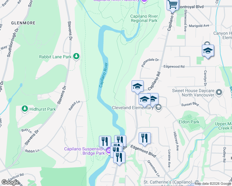 map of restaurants, bars, coffee shops, grocery stores, and more near 4283 Capilano Road in North Vancouver